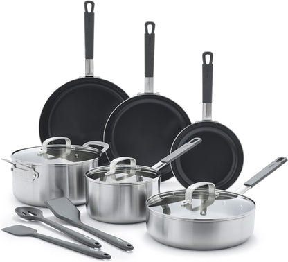 X Bobby Flay Stainless Steel 12 Piece Cookware Pots & Pans Set, Professional Grade Tri-Ply, Multiclad, Pfas-Free Ceramic Nonstick, Induction Suitable, Dishwasher & Oven Safe,Stay Cool Handles5