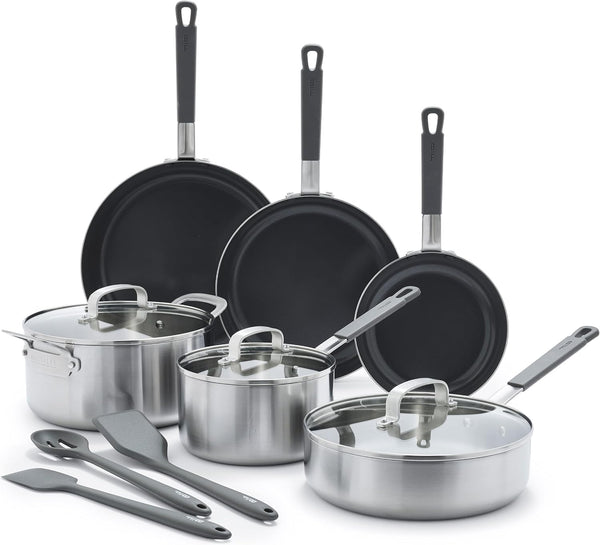 X Bobby Flay Stainless Steel 12 Piece Cookware Pots & Pans Set, Professional Grade Tri-Ply, Multiclad, Pfas-Free Ceramic Nonstick, Induction Suitable, Dishwasher & Oven Safe,Stay Cool Handles5