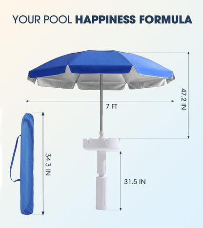 7FT Floating Table Umbrella with Base & Cup Holder, Portable Pool Umbrella for inside of Pool, Floating Poolside Shade Include Easy Carry Bag for Swimming Area, Beach, Lake House, Navy9