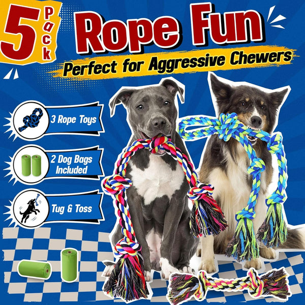 Forfon Tough & Strong Dog Toy for Aggressive Chewers – Tough Chew Toys for Large Dogs, Ideal for Tug-Of-War & Teeth Cleaning, with 3 Rope Toys & 2 Dog Bags2