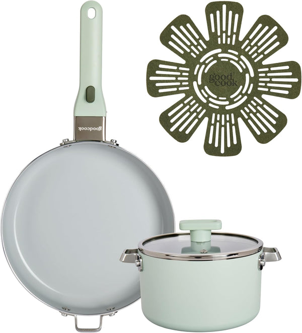 Ceramic Cookware Set 5-Piece with Removable Handle, Induction Compatible, Nonstick and Oven Safe with 9.5-Inch Frypan, Sage Green1