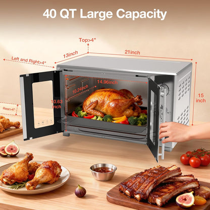 Extra Large French Door Countertop Toaster Oven 8-In-1 Combo, 40 QT Large Capacity Countertop Oven, Fits 12” Pizza, 60-Min Timer, 6-Slice, Bake, Broil, Toast, Stainless Steel, Silver2