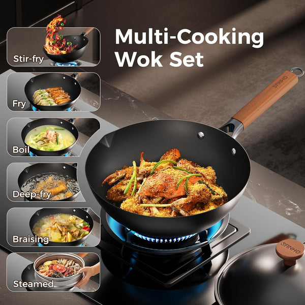 12 Inch Carbon Steel Wok Pan, 4QT Woks & Stir-Fry Pans Nonstick with Lid, No Seasoning Required & 0 Coating, Compatible with All Cooktops & Utensils for Stir Fry, Pan-Fry, Steam, Camping2