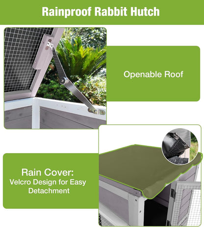 GUTINNEEN Wooden Duplex Rabbit Cage on Wheels with Chew-Proof Ramp, Grey | 4 Mobile Swivel Casters, 2-Story Design, Waterproof Rain Cover, 5 Access Doors, 2 Sliding Trays4