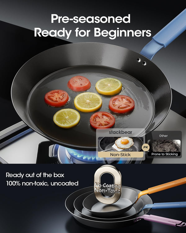 Carbon Steel Frying Pan Set, 8 10 12 Inch Nitrided Skillets | Complete Size Range for Everyday Cooking; Preseasoned Surface Develops Natural Patina without Coatings4