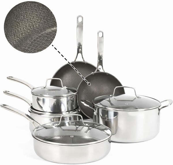 Badgley Hybrid Nonstick 10 Piece Triply Stainless Steel Pots and Pans Non-Toxic Kitchen Cookware Set - Laser Etched Perfect Sear Nonstick W/Stay Cool Handle Dishwasher & Induction Safe1