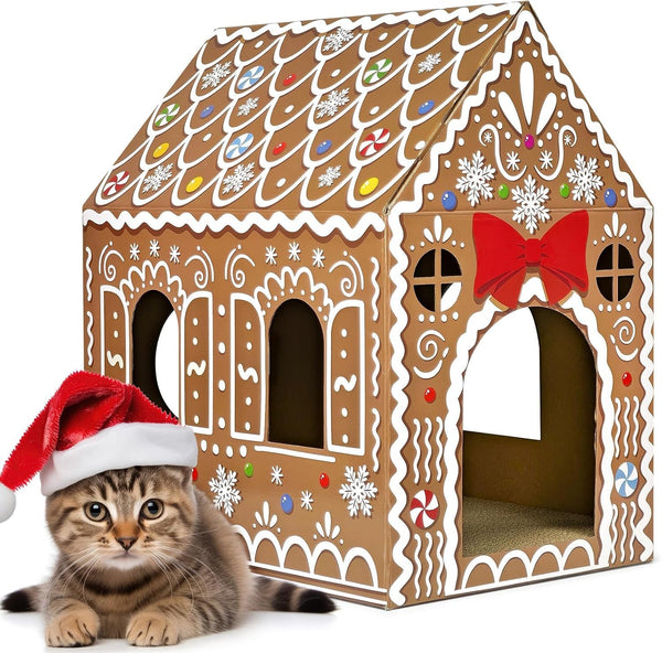 Cinrobiye Cardboard Cat House with Scratcher, Indoor Cat Condo Cat Cave Hideout with Scratch Pad, Cardboard Cat Playhouse Bed for Cats, Kittens, Rabbits & Small Pets (Mushroom)13