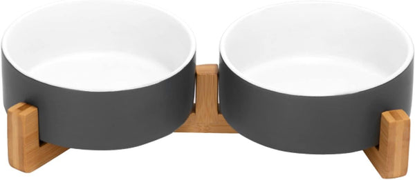 SPUNKYJUNKY Ceramic Dog and Cat Bowl with Wood Stand Non-Slip Matte Glaze Weighted Food Water Set for Cats &Small Dogs 13.5OZ12
