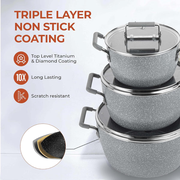 Gray Pots and Pans Set Nonstick, 6 Stackable Piece Cooking Pots Set, Kitchen Pots, Non Stick Coating, 5Qt 3Qt & 1.5Qt Pots with Lids, Stay Cool Handles Dishwasher Safe 100% Toxin Free3