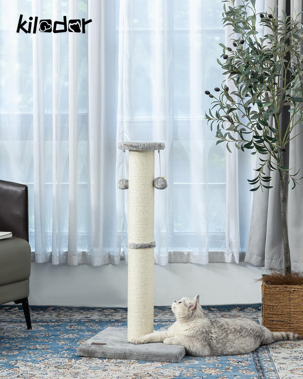 34Inch Tall Cat Scratching Post for Indoor Cats Adults | 4.3Inch Diameter Large Cat Scratch Post, Sturdy and Durable Cat Scratcher with Dangling Balls, Natural Sisal, Grey2