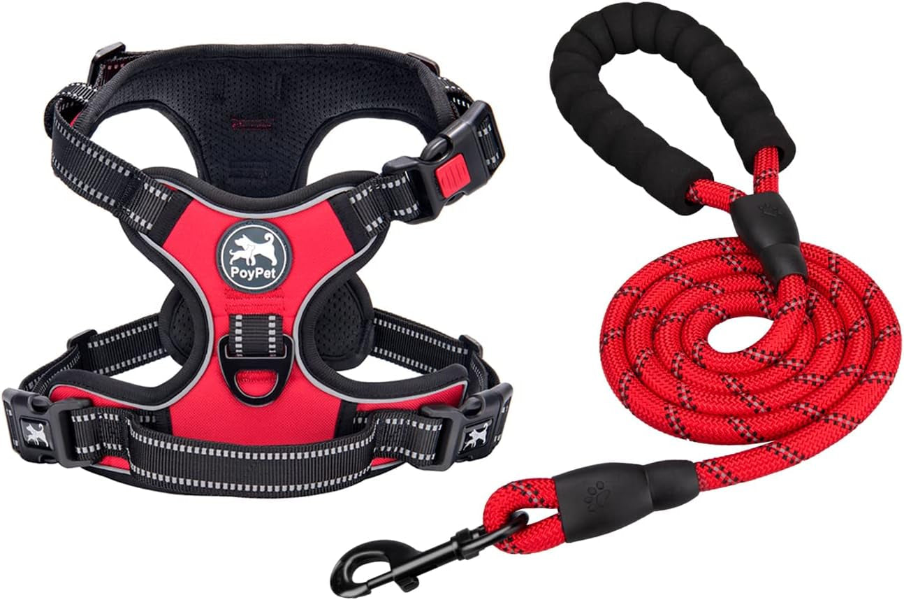 poypet-no-pull-dog-harness-and-5-feet-leash-set-release-on-neck-reflective-adjustable-pet-vest-front-back-2-d-ring-and-soft-padded-pet-harness-with-handle-for-small-to-large-dogsgrey-l