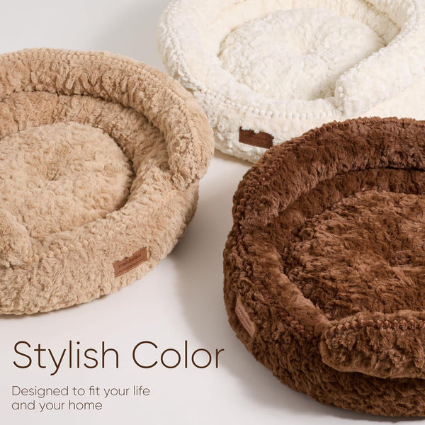 FUKUMARU round Cat Bed, Plush Washable Calming Dog Bed with Low Entry | Raised Bolster Small Dog Bed, Soft Cozy Donut Cat Bed for Indoor Cats, Faux Rabbit Fur & Anti-Slip Bottom, 20 Inch, Brown5