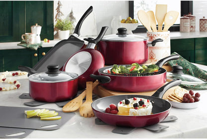 20-Piece Ceramic Metallic Cookware Set, Nonstick - Ruby | 20-Piece Cookware Set with Ceramic Nonstick Interiors, Glass Lids, Utensils, Strainer, Pads, and Griddle Pan.1