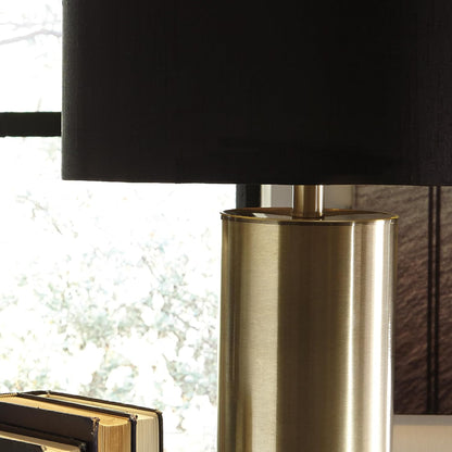 Signature Design by Ashley Jacek Contemporary Table Lamp Set of 2 | Textured Faux Concrete and Brass-Finished Metal, Black Drum Shade with Goldtone Foil Interior, Living Room and Bedside Use9