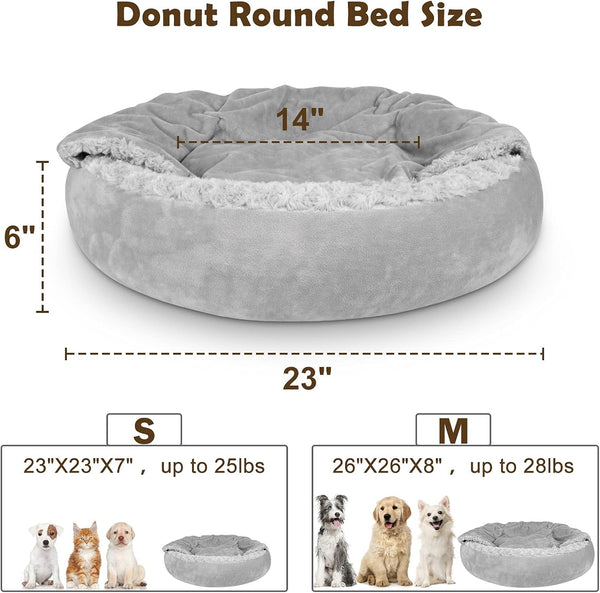 JOEJOY Small Dog Bed Cat Bed with Hooded Blanket, Cozy Cuddler Luxury Puppy Pet Bed, Donut round Calming Anti-Anxiety Dog Burrow Cave Bed - Anti-Slip Bottom and Machine Washable 23 Inch2
