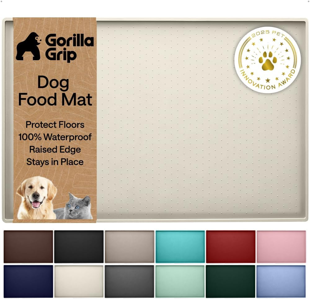 gorilla-grip-100-waterproof-raised-edge-bpa-free-silicone-pet-feeding-mat-dog-cat-food-mats-contain-spills-protects-floors-placemats-for-cats-and-dogs-water-bowl-18-5x11-5-gray