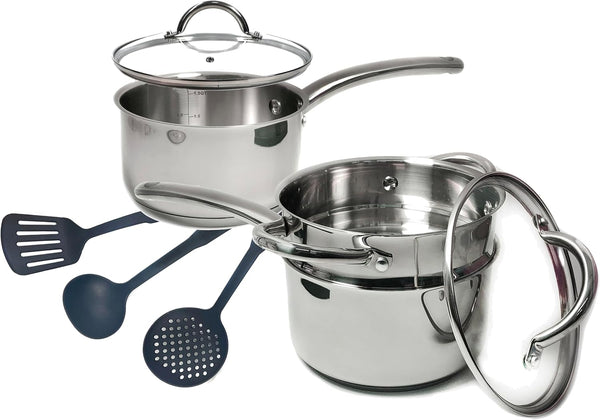 Stainless Steel Saucepan Glass Lid Casting Steel Handle Induction Impact Bonded 8 PCS Set Steamer1