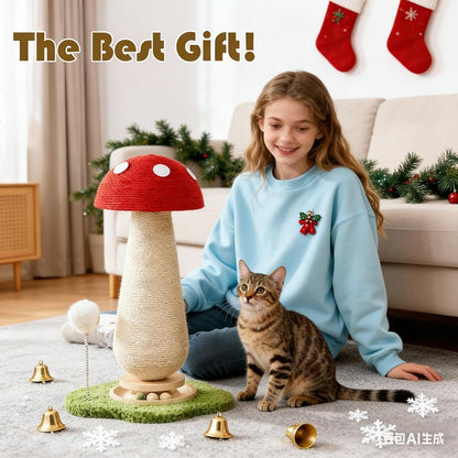 Mushroom Cat Scratcher Tower, Interactive Ball Track Spring Ball Cat Scratching Post, Sisal Kitty Activity Center for Indoor Cats & Kittens, Sturdy Wide Base 25.2 Inch - Red6