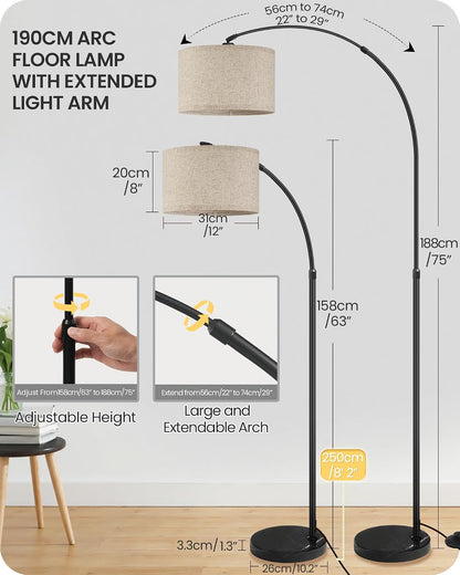 75" Arc Floor Lamp with Marble Base and Adjustable Height, Rotating Hanging Shade, Dimmable Floor Lamp for Living Room with Remote and Foot Switch, 3CCT, over Couch Arched Reading Light E15LD053