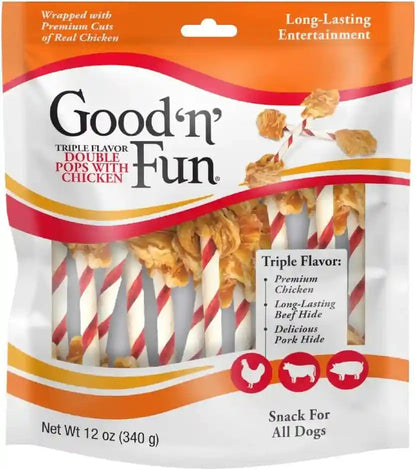 GOOD 'N' FUN Triple Flavor Double Pops Treats for Dogs, Long-Lasting Chews Made with Real Chicken, Beef Hide and Pork Hide, 12 Oz1