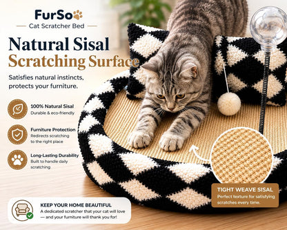 Furso Cat Bed Scratcher Lounge for Indoor Cats – Sisal Scratch Pad with Spring Treat Ball, Plush Pillow & Play Toy | Diamond Design | Protects Furniture7