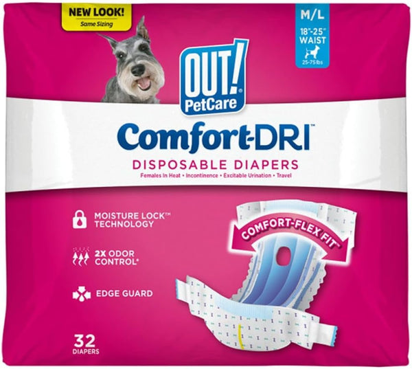OUT! Petcare Female Dog Diapers, Disposable Dog Diapers, M/L, 32 Count | Dog Diaper, Potty Training, Incontinence Support, Leak Proof, Puppy Training, Dog in Heat, Disposable Protection, Secure Fit1