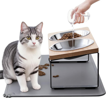 Upgraded Elevated Cat Bowls with Food Mat,15°Tilted Stand anti Vomiting Raised Cat Dishes for Food and Water,2 Stainless Steel Bowls for Cats and Puppy1