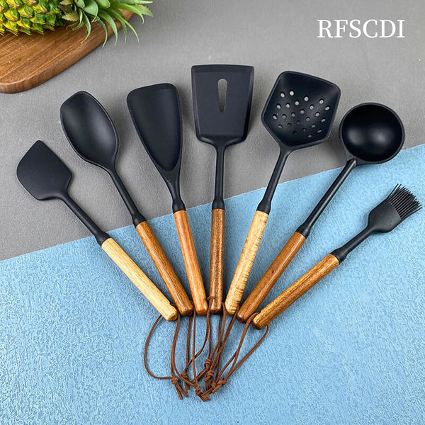 Exquisite Silicone Cooking Utensils Set - Non-Toxic, Heat-Resistant Kitchen Utensils Set with Food-Grade Silicone & Wood Handles - Includes Spatula & Spoon for Non-Stick Cookware, Black8