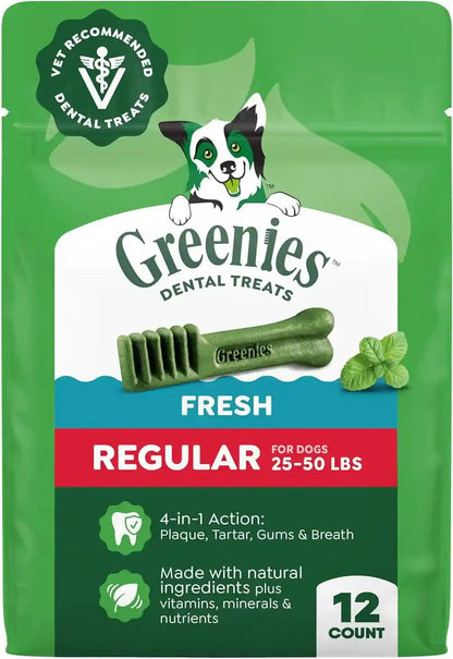 Greenies Regular Natural Dental Dog Treats, Fresh Mint Flavor, 12 Count | for Dogs 25-50 Lbs, Clinically-Proven 47% Less Tartar & 40% Less Plaque in 28 Days, Cleans to Gumline, 12 Oz. Pack1
