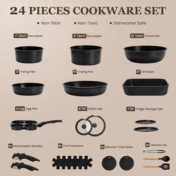 Nonstick Pots and Pans Set 24 Pack - Kitchen Cookware Set with Detachable/Removable Handle - Cooking Pans Set with Frying Pans, Egg Pan - Stackable, Oven Safe, Induction Ready2
