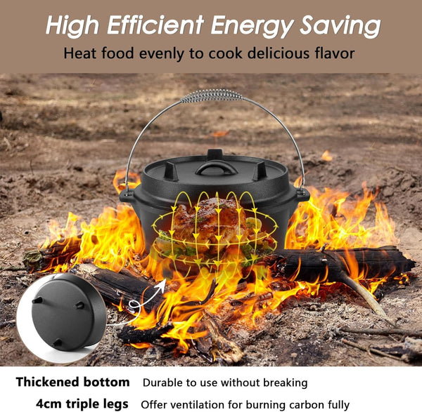 7 QT Cast Iron Dutch Oven, Large 2 in 1 Camp Pre-Seasoned Deep Pot & Lid Skillet Pan, Heavy Thick 7 Quart Multiple Cookware with Feet for Outdoor Camping Baking, Bracket and Lid Lifter5