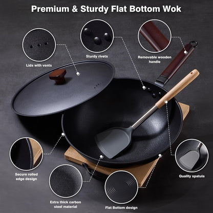 Carbon Steel Wok, 13" Woks & Stir-Fry Pans Nonstick with Lid | Pre-Seasoned Flat Bottom Chinese Wok, Wok Pan with Spatula and Dish Brush for Induction, Electric, Gas, All Stoves4