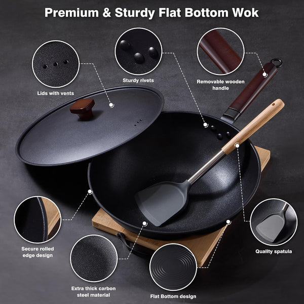 Carbon Steel Wok, 13" Woks & Stir-Fry Pans Nonstick with Lid | Pre-Seasoned Flat Bottom Chinese Wok, Wok Pan with Spatula and Dish Brush for Induction, Electric, Gas, All Stoves4