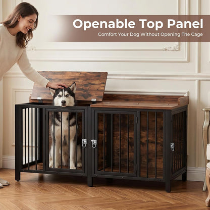 BOINN 63" Heavy Duty Dog Crate Furniture with 4 Doors, Removable Divider & Openable Top, Indoor Dog Kennel with Raised Edge Tabletop, Double Dog Cage for Medium Large Dogs, Decorative Pet Crate4