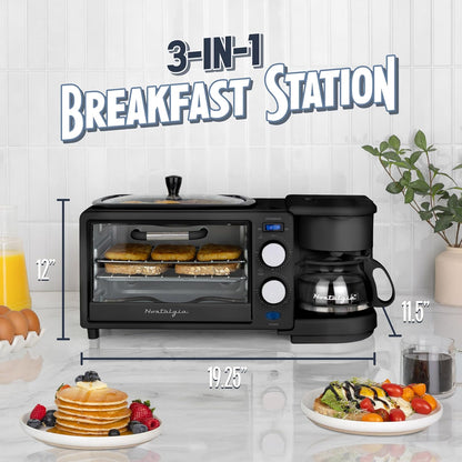 3-In-1 Retro Breakfast Station - Includes 5 (4 Oz) Cup Coffee Maker, Non-Stick Ceramic Griddle, and 4-Slice Toaster Oven - Built-In Timer, Reusable Coffee Filter, Space-Saving Design - Black2