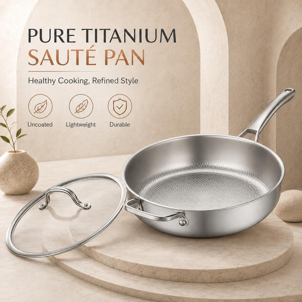 Titanium Frying Pan Pure with Lid, Uncoated Hammered Deep Skillet for Cooking, PFAS/PFOA/PTFE Free Nonstick Cookware, Scratch Resistant, for Induction & Gas, Oven, Dishwasher Safe,9.44In2