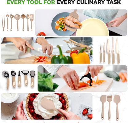 75-Piece Non-Stick Pots and Pans Set, Complete Ceramic Cookware Set with Bakeware, Utensils, Knife Set, & Accessories, Stain-Resistant, Food-Grade Safe, Cream/Brown5