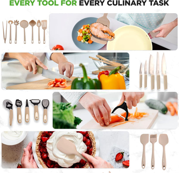 75-Piece Non-Stick Pots and Pans Set, Complete Ceramic Cookware Set with Bakeware, Utensils, Knife Set, & Accessories, Stain-Resistant, Food-Grade Safe, Cream/Brown5