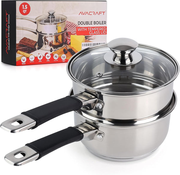 1.5 Quart 18/8 Stainless Steel Double Boiler with Glass Lid | 5-Layer Capsule Base, Ideal for Melting Chocolate, Butter, Cheese, Wax, Long Stay-Cool Handle, Comfortable Grip1