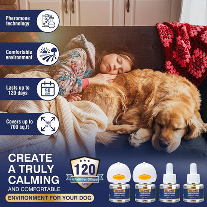 Dog Calming Pheromones Diffuser 6 in 1 Kit Appeasing Pheromone Diffuser to Calm (2 Plug In+4 X48Ml Refill) for Anxiety Relief Reduce Aggression Fighting Barking Stress 120 Day Supply(Tasteless)2