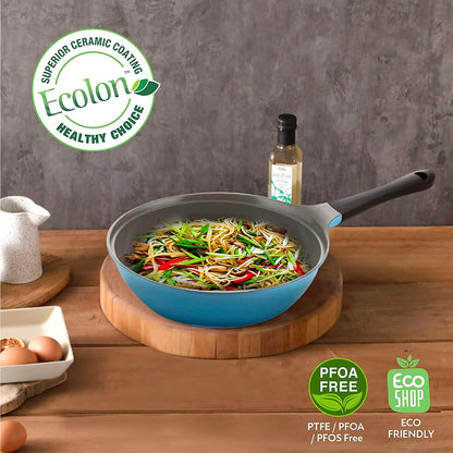 Eela 12'' Non Stick Chef'S Wok with Glass Lid, Stir Fry Pan and Pofa-Free Ceramic Coating for Cooking Saute Vegetables, Meat, Fish, 12 Inch, Deep Blue (Handle Assemble Required)3