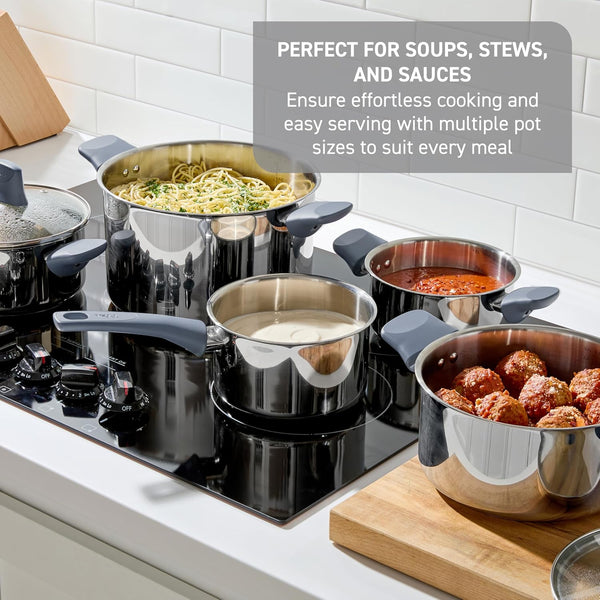 Essentials Stainless Steel Cookware Set 12 Piece, Induction Compatible, Oven Safe 350F, Cooking Set W/Stewpots, Stockpot, Saucepan, Lids & Tools, Measuring Marks, Dishwasher Safe, Silver/Blue4