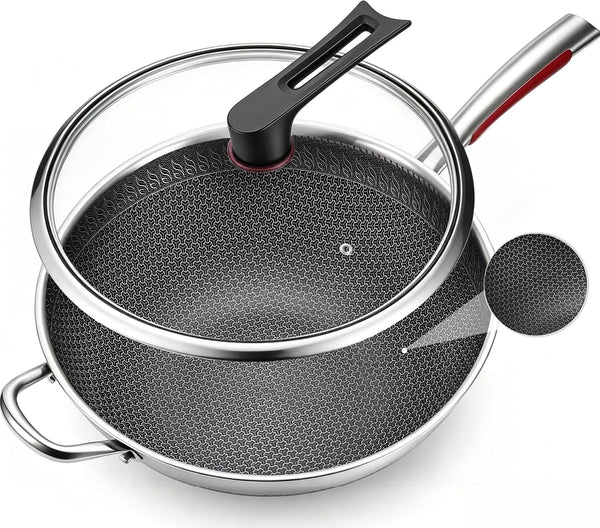 12.6-Inch Stainless Steel Wok Pan with Glass Lid - Tri-Ply Nonstick Wok & Stir-Fry Pan, PFOA Free Uncoated Cookware for All Cooktops, Induction Compatible, Flat Bottom1