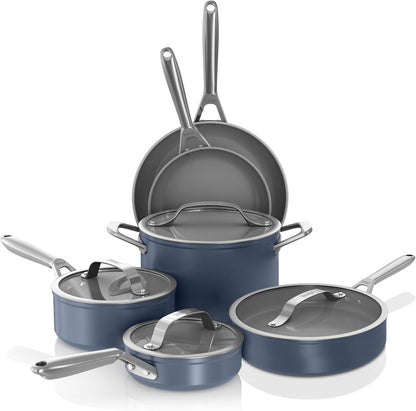 Ninja® Ceramic Pro 10-Pc Cookware Set, Pfas-Free, Midnight Blue, CW39010MM | Titanium-Infused Ceramic, 10-Year Nonstick Guarantee. No Lead, Cadmium. All Stovetops & Induction Compatible. Broil to 550°F.1