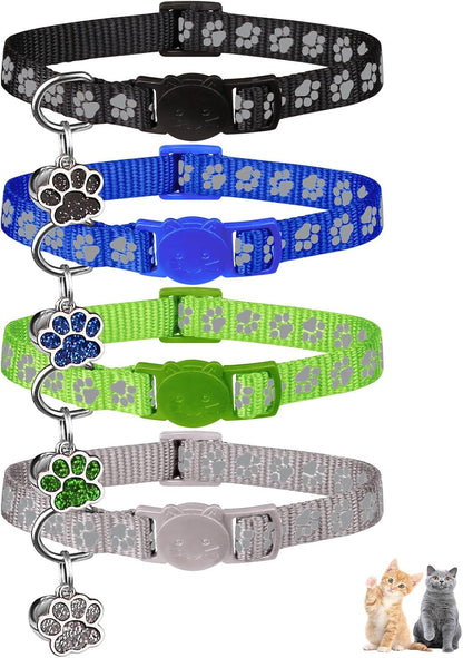 4PCS Breakaway Cat Collars,Reflective Cat Collar with Bells,Kitten Collars for Boy&Girl Cats Breakaway Collar for Cats with Paw Pendant 6-9 Inch(Purple+Hotpink+Red+Teal)8
