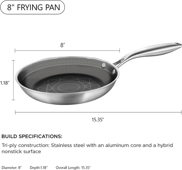 8-Inch Stainless Steel Pan, Hybrid Nonstick Frying Pan | 3-Ply Clad Cookware, Healthy & Non-Toxic, Dishwasher & Oven Safe, Stay-Cool Handle, Induction Compatible – Metal Utensil Safe8