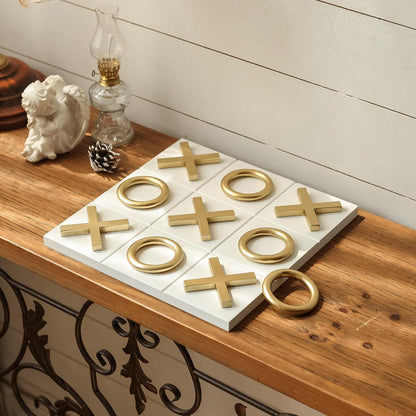 12X12 Inch Tic Tac Toe Wood Game Board Classic Coffee Table Decor Modern Wooden Travel Game for Family, White & Gold2