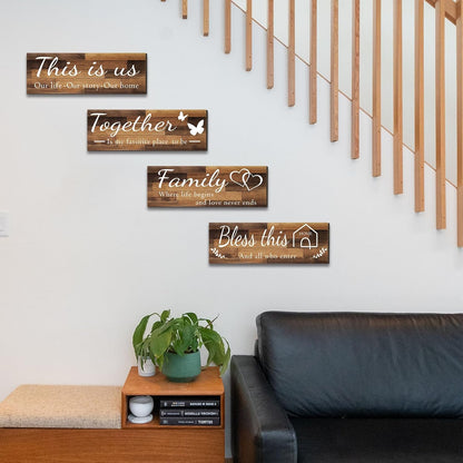 4 Pieces Home Wall Signs, THIS IS US/TOGETHER/BLESS THIS HOME/FAMILY Wall Decor for Living Room Bedroom, Rustic Wooden Farmhouse Wall Art , 4.7 X 13.8 Inch(Brown)4