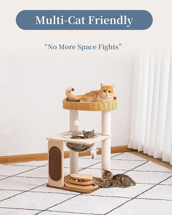 Modern Cat Tree for Large Cats, Modern Cat Tree Tower with Wide Shelves Cotton Scratching Posts, Super Sturdy Base, Cozy Perches, and Interactive Toys for Indoor Kittens 31-Inch2