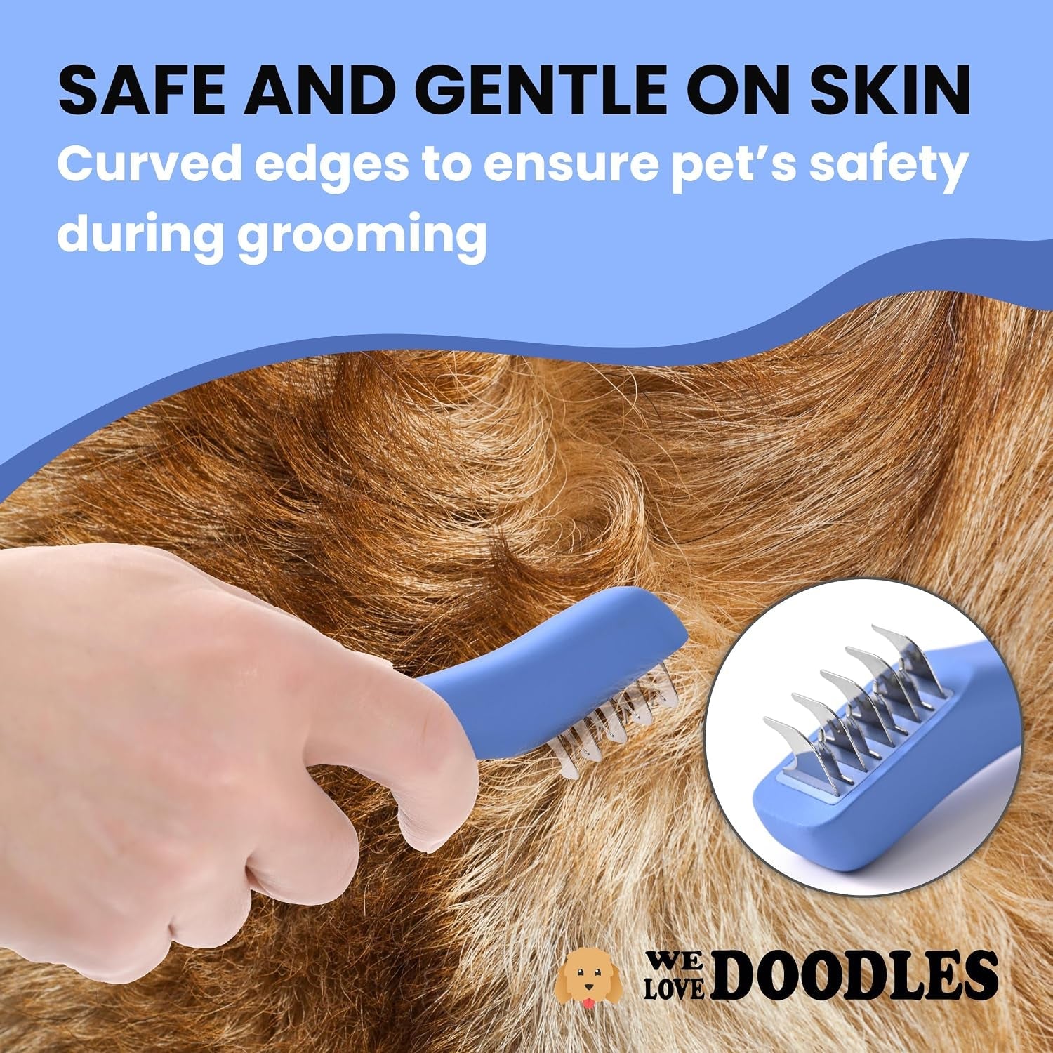 we-love-doodles-dematting-comb-for-dogs-dog-hair-mat-remover-detangler-comb-deshedding-tool-removes-tangles-knots-loose-hair-metal-comb-ergonomic-handle-family-5-blades